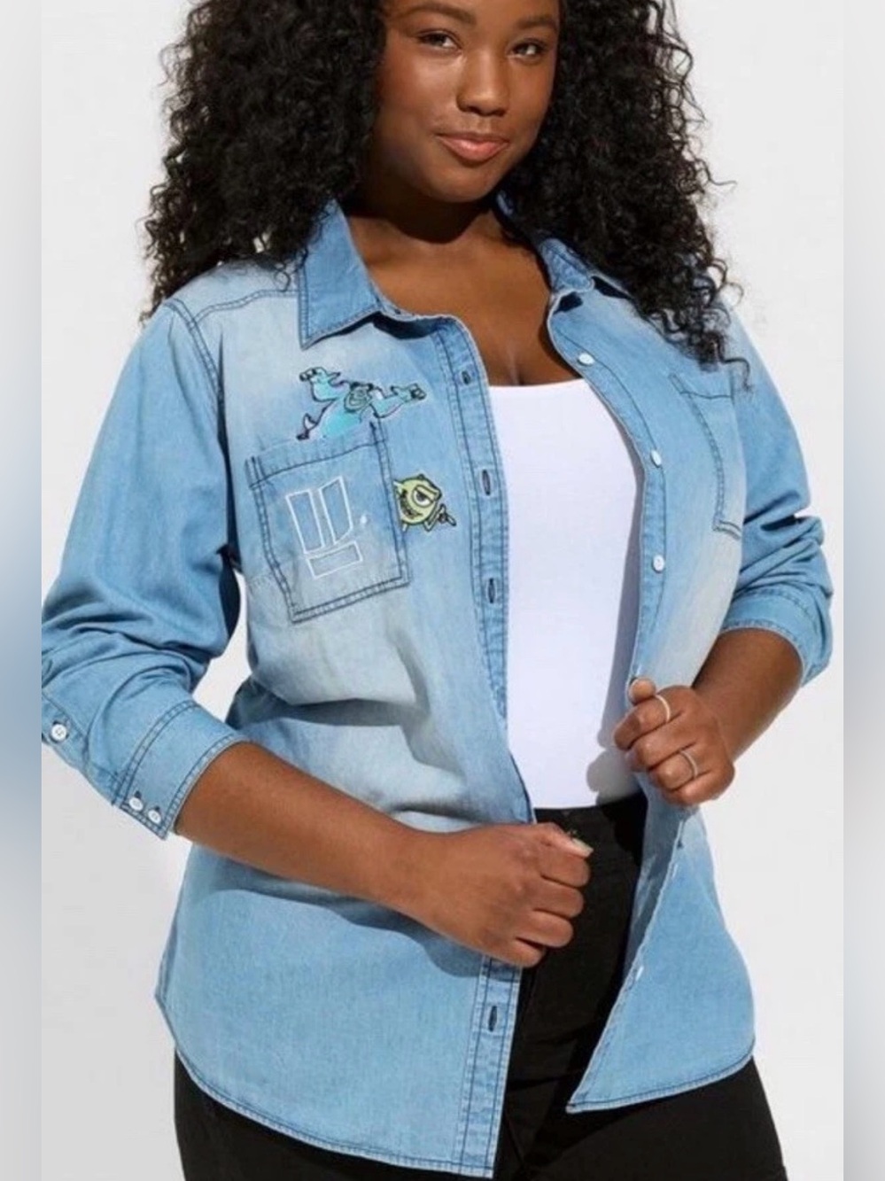 Torrid 2X Disney Pixar Monster’s Inc Embroidered Chambray Button Down Plus Shirt